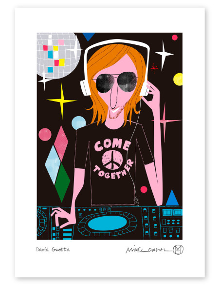 Ilustración "David Guetta" de Mikel Casal. Reproducción A5 firmada