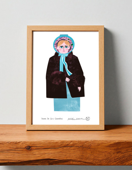 Illustration "Dame aux camélias" by Mikel Casal. Signed A5 reproduction
