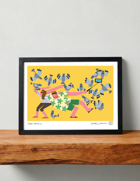 Illustration "Pigeon attack" by Mikel Casal. A4 signed reproduction