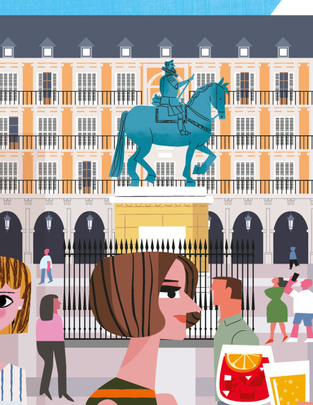 Ilustración "En la Plaza Mayor" de Mikel Casal. Reproducciones en A4, A3 y A2