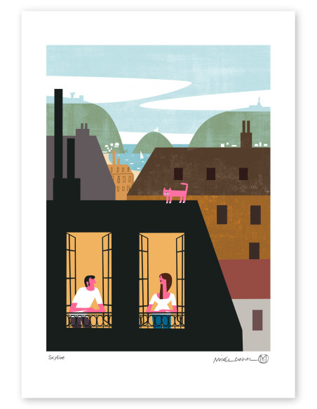 Ilustración "San Sebastian Skyline" de Mikel Casal. Reproducciones A5, A4, A3 y A2