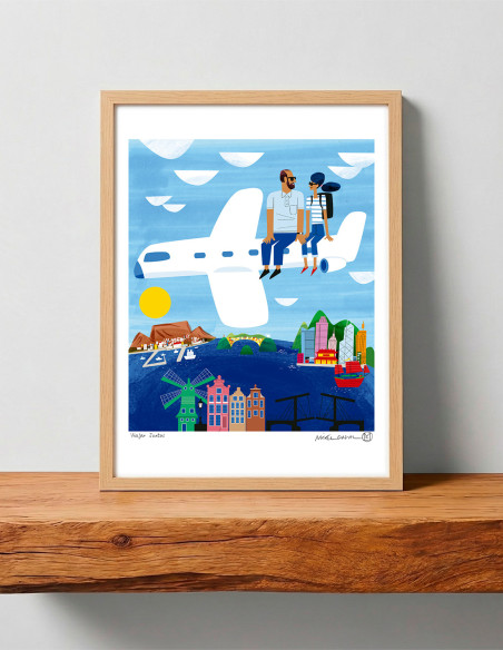 Ilustración "Viajar juntos" de Mikel Casal. Reproducción A3 firmada