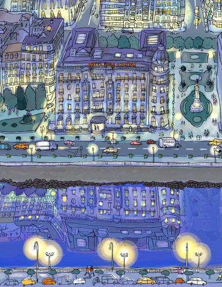 Illustration "A vista de pájaro 2 noche" by Roskow. A4 and A3 reproductions