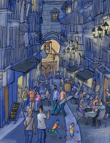 Ilustración "Cenando en Getaria" de Roskow. Reproducciones A4, A3 y A2
