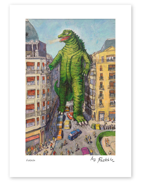 Ilustración "Buenos días Godzilla" de Roskow. Reproducciones A4 y A3