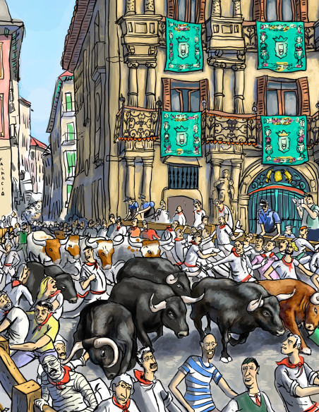 Illustration "Gora San Fermín" by Roskow. A4, A3 and A2 reproductions