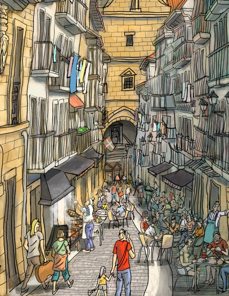 Ilustración "Verano en Getaria" de Roskow. Reproducciones A4, A3 y A2