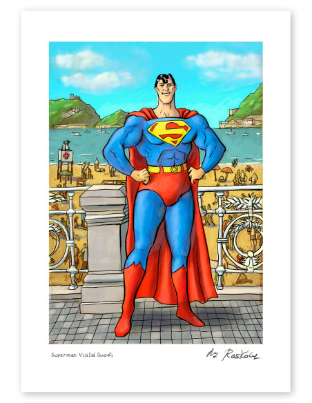 Ilustración "Superman visita Donosti" de Roskow. Reproducciones A4 y A3