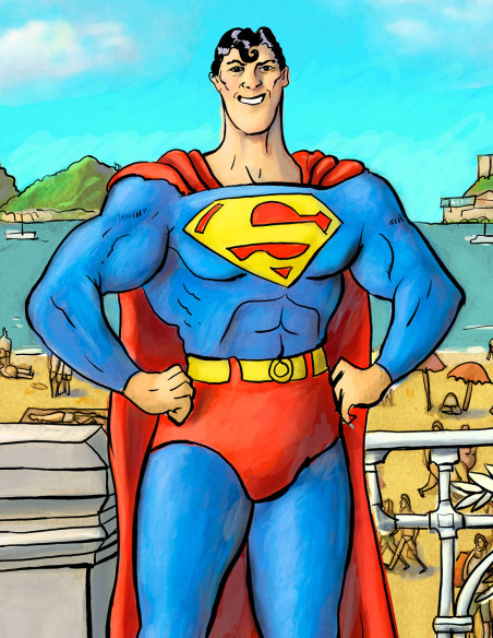 Illustration "Superman visita Donosti" by Roskow. A4 and A3 reproductions