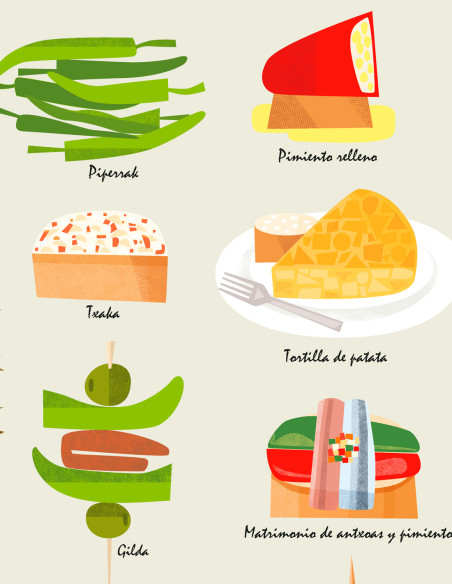 Illustration "Donostiako Pintxoak" by Mikel Casal. A5, A4, A3 and A2 reproductions