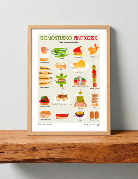 Illustration "Donostiako Pintxoak" by Mikel Casal. A5, A4, A3 and A2 reproductions